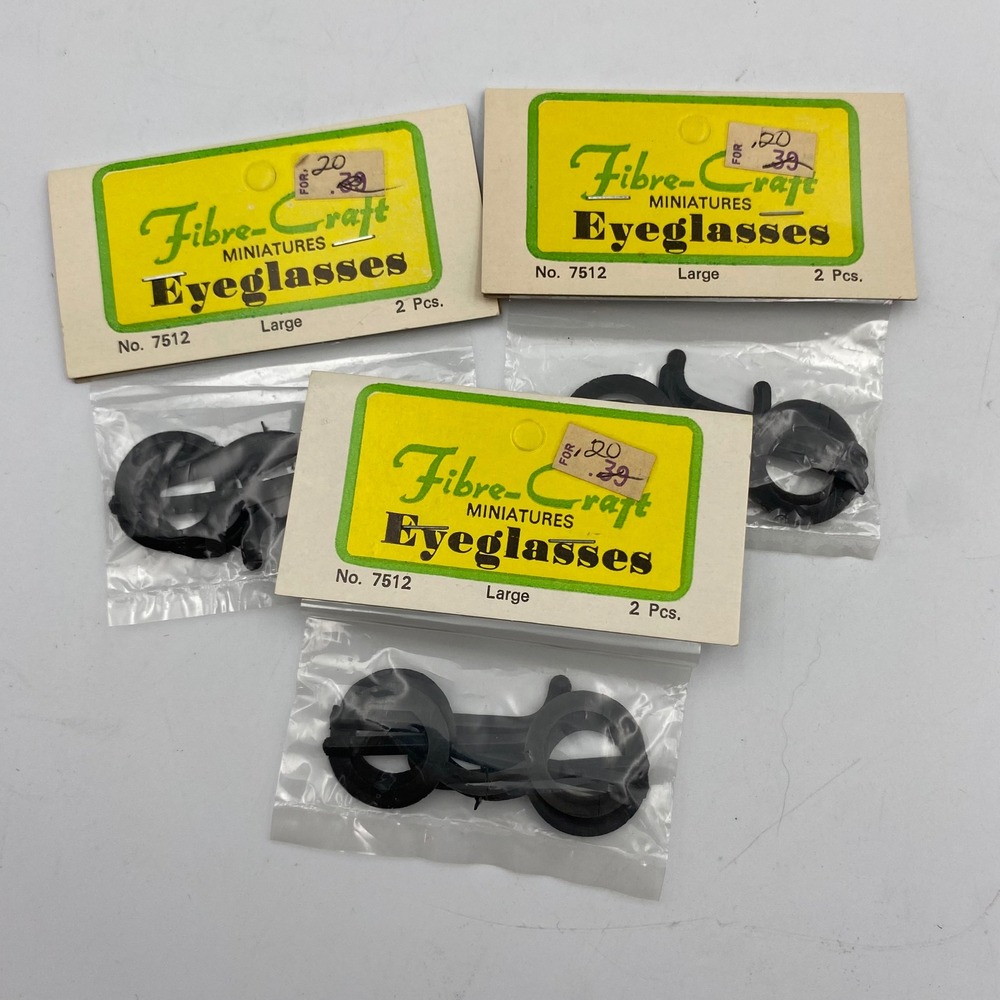 3 Packs Vintage Fibre-Craft Miniatures Eyeglasses No. 7512 Large Black 6 Pairs
